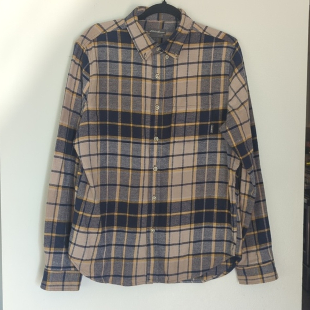 Eddie Bauer Men's Blue Yellow Tan Plaid Flannel Button‎ Down Shirt Medium